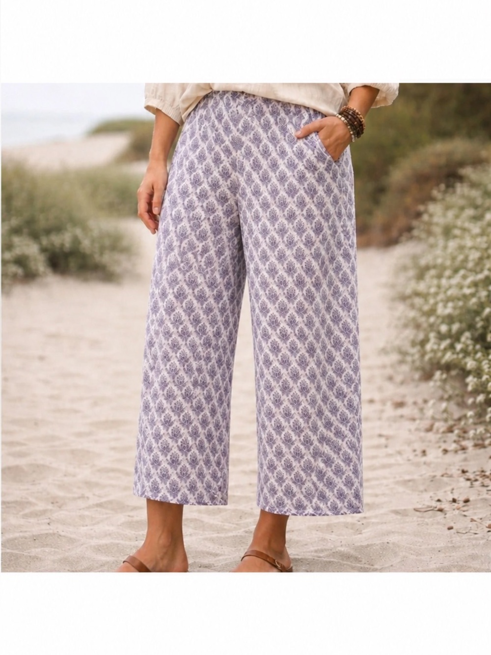 Flax Womens Regalia Print 100% Linen Wide Leg Ankle Pants in Purple White size M